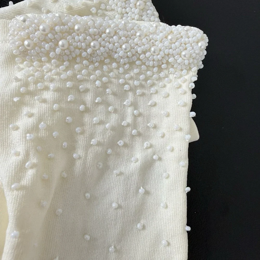Vintage Ivory Beaded Faux Pearl Stretch Gloves Bridal Wedding Formal One Size